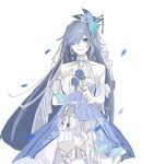  1girl artist_name bare_shoulders bird bird_hair_ornament blue_bird blue_eyes blue_flower blue_hair bow closed_mouth dress earrings flower fu_hua fu_hua_(azure_empyrea) fu_hua_(cerulean_court) grey_hair hair_bow hair_ornament hair_over_one_eye halter_dress halterneck holding holding_flower honkai_(series) honkai_impact_3rd jewelry long_hair looking_at_viewer multicolored_clothes multicolored_dress official_alternate_costume sho_2nini simple_background single_earring sleeveless sleeveless_dress smile solo thigh-highs thigh_bow wedding_dress white_background white_bow white_dress white_thighhighs 