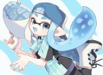  1girl :d backwards_hat baseball_cap blue_background blue_eyes blue_hair blue_headwear boots cross-laced_footwear eyebrow_cut gun hat highres holding holding_gun holding_weapon inkling inkling_girl inkling_player_character long_hair looking_at_viewer luna_blaster_(splatoon) open_mouth pointy_ears sahata_saba smile solo splatoon_(series) splatoon_3 teeth tentacle_hair thick_eyebrows two-tone_background weapon white_background white_footwear 