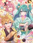  1boy 2girls :d :q ^_^ black_kimono blonde_hair blush calligraphy_brush closed_eyes closed_mouth commentary_request fur_collar green_eyes green_hair green_kimono hagoita hair_between_eyes hanagata hane_(hanetsuki) hanetsuki hatsune_miku holding holding_paintbrush japanese_clothes kagamine_len kimono long_hair long_sleeves megurine_luka multiple_girls obi open_clothes paddle paintbrush pink_hair sash smile tongue tongue_out twintails v-shaped_eyebrows very_long_hair vocaloid wide_sleeves 