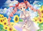  1girl absurdres arms_behind_back belt blunt_bangs clouds collared_dress commentary_request cowboy_shot dress drill_hair field flower flower_field hair_ribbon highres holding holding_flower looking_at_viewer one_piece open_mouth perona pink_hair rainbow red_ribbon ribbon short_sleeves sizukawatanuk1 sky smile solo sunflower sunflower_field twintails twitter_username violet_eyes white_dress 