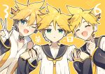  1boy :o alternate_costume aqua_eyes bare_shoulders black_collar black_sailor_collar black_sleeves blonde_hair closed_eyes clothing_cutout collar collared_shirt detached_sleeves expressionless fingerless_gloves gloves grey_headphones headphones holding_another&#039;s_arm jitome kagamine_len looking_at_viewer looking_to_the_side messy_hair navel navel_cutout necktie open_mouth outline sailor_collar shirt short_hair short_ponytail simple_background sinaooo smile v variations vocaloid white_gloves white_headphones white_outline white_shirt yellow_background yellow_nails yellow_necktie 