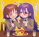  2girls black_necktie blazer blush brown_hair character_food clenched_hands closed_eyes collared_shirt cup drinking_glass face-to-face facing_another feeding finger_to_another&#039;s_cheek food food_on_face goshiki_agiri grey_jacket hair_between_eyes hands_up highres holding holding_spoon jacket kill_me_baby long_hair long_sleeves looking_at_another multiple_girls necktie omelet omurice on_chair open_mouth oribe_yasuna outline plate purple_hair shirt short_hair sitting smile sonya_(kill_me_baby) spoon table upper_body violet_eyes white_outline white_shirt wiping_face yasashii_naizou yellow_background yuri 