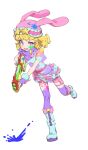  1girl animal_hat blonde_hair blue_footwear boots dress fingerless_gloves fugota6509 full_body gloves gun half-closed_eye hat heart highres holding holding_gun holding_weapon idol_time_pripara knee_boots looking_at_viewer multicolored_clothes multicolored_dress open_mouth paint paint_on_body paint_on_clothes paint_splatter paint_splatter_on_face pink_headwear pink_shorts pretty_series pripara purple_gloves purple_scarf rabbit_hat ringlets running scarf short_hair short_sleeves shorts simple_background solo standing standing_on_one_leg star_(symbol) sweatdrop violet_eyes water_gun weapon white_background yumekawa_yui 