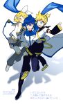  1girl 2boys aqua_eyes blonde_hair blue_eyes blue_hair blue_nails blue_scarf blush bow carrying carrying_person commentary_request detached_sleeves full_body hair_bow hair_ornament hair_ribbon hairclip headphones highres kagamine_len kagamine_rin kaito_(vocaloid) kaito_(vocaloid3) multiple_boys open_mouth pixiv_id ribbon running scarf shadow short_hair shorts sweat tare7gasi_mi teardrop translation_request twitter_username vocaloid white_background 