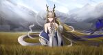  1girl absurdres aqua_eyes arknights bare_shoulders belt blonde_hair closed_mouth colored_skin day dragon_girl dragon_horns dragon_tail earrings field grey_hair grey_horns grey_tail hair_between_eyes hair_intakes hand_in_own_hair hand_up highres horns jacket jewelry light_smile long_hair long_sleeves looking_at_viewer mountain multicolored_hair necklace off_shoulder open_clothes open_jacket outdoors pants plant pointy_ears purple_hair shu_(arknights) sketch_background solo split_mouth standing strapless tail tube_top very_long_hair vincentime wheat wheat_field white_belt white_jacket white_pants white_tube_top wind yellow_horns yellow_tail 