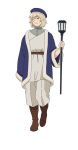  1girl baggy_pants belt blue_headwear blue_robe boots brown_belt brown_footwear closed_eyes dungeon_meshi falin_thorden full_body grey_hair hat highres holding holding_staff light_smile official_art pants robe short_hair simple_background solo staff transparent_background two-tone_robe white_pants white_robe 