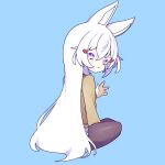  1girl animal_ears blue_background cross_(vgne4542) fox_ears highres long_hair phase_connect simple_background sitting solo tenma_maemi violet_eyes white_hair 