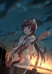  1girl animal_ear_hairband animal_ears bass_guitar black_hair black_pantyhose blush cat_ear_hairband cat_ears commentary_request dutch_angle evening fake_animal_ears hairband highres holding holding_instrument hood hoodie instrument juujou_hiyori long_hair long_sleeves looking_at_viewer microphone_stand open_mouth pantyhose red_eyes scenery sidelocks solo speaker standing sunset toji_no_miko upper_body white_hoodie yuzf 