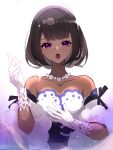  1girl absurdres bare_shoulders blunt_bangs bob_cut brown_hair cocona_(honkai:_star_rail) collarbone dark-skinned_female dark_skin detached_sleeves dress eyeshadow gloves hand_on_own_chest hand_up highres honkai:_star_rail honkai_(series) jewelry lace-trimmed_gloves lace_trim makeup medium_hair necklace open_mouth pearl_necklace pink_eyeshadow purple_lips sparkle strapless strapless_dress violet_eyes white_gloves zhijing_niao 