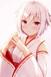  1girl ahoge blush collarbone commentary_request hair_between_eyes highres itomi_sayaka japanese_clothes long_sleeves looking_at_viewer miko natsu_(927013) own_hands_together short_hair smile solo toji_no_miko upper_body violet_eyes white_hair wide_sleeves 