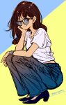 1girl black_footwear blue_background blue_pants brown_hair closed_mouth full_body head_rest high_heels long_hair looking_at_viewer original pants pumps shirt short_sleeves sketch smile solo squatting sugano_manami sunglasses t-shirt two-tone_background white_shirt white_t-shirt yellow_background
