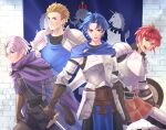  4boys alain_(unicorn_overlord) armor banner blonde_hair blue_cloak blue_eyes blue_hair breastplate brown_gloves character_request clenched_hands cloak commentary_request gloves greaves green_eyes grey_hair hair_slicked_back hands_on_own_hips holding holding_shield holding_sword holding_weapon looking_ahead looking_at_viewer male_focus multiple_boys open_mouth purple_cloak red_eyes redhead riou_(pooh920) serious shield short_hair smile spiky_hair sword unicorn_overlord upper_body violet_eyes weapon 