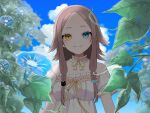  1girl alternate_costume artist_request blue_eyes blue_flower blue_sky brown_hair cat_hair_ornament clouds cloudy_sky day fish_hair_ornament flower hair_ornament heterochromia indie_virtual_youtuber leaf long_hair looking_at_viewer morning_glory outdoors sky solo upper_body virtual_youtuber yellow_eyes yuduki_miya 