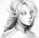  1boy dungeon_meshi elf greyscale hair_over_one_eye highres looking_at_viewer medium_hair mithrun monochrome pointy_ears portrait simple_background solo tsy 