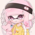  1girl :q black_headband blue_eyes commentary_request food_print grey_background headband inkling inkling_girl inkling_player_character long_hair looking_at_viewer mew_(pokemon) one_eye_closed pink_eyes pink_hair pointy_ears pokemon pokemon_(creature) print_shirt sample_watermark sh_f0y shirt simple_background sparkle splatoon_(series) tentacle_hair tongue tongue_out upper_body watermark yellow_shirt 