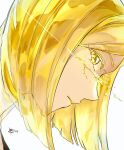  1other androgynous blonde_hair bob_cut colored_eyelashes commentary cracked_skin dated from_side highres houseki_no_kuni light_trail looking_at_viewer motion_blur other_focus parted_lips portrait profile rokipanda short_hair sideways_glance signature simple_background solo white_background yellow_diamond_(houseki_no_kuni) yellow_eyes yellow_theme 