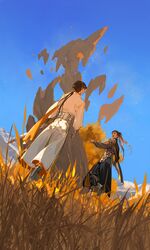  2boys black_pants blue_sky brown_hair character_request day from_behind from_below full_body ibuki_satsuki jianxia_qingyuan_(series) jianxia_qingyuan_online_3 long_hair male_focus multiple_boys nature on_grass open_mouth outdoors pants pointing sky standing star_(sky) starry_sky sword tree weapon wuxia 