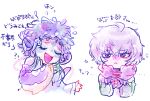  1boy 1other bags_under_eyes bare_shoulders chibi chiimako closed_eyes feathers fingerless_gloves gloves gnosia grey_eyes grey_hair hair_between_eyes raqio remnan_(gnosia) short_hair simple_background translation_request violet_eyes white_background 