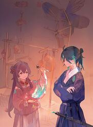  1boy 1girl arm_up black_hair blue_hanfu brown_hair chinese_clothes closed_mouth crossed_arms eye_contact flower flower-shaped_pupils from_side genshin_impact green_hair hair_bun hair_flower hair_ornament hanfu highres holding hu_tao_(genshin_impact) long_hair looking_at_another mandarin_collar medium_hair qingxin_gua_yu scabbard sheath sword symbol-shaped_pupils weapon xiao_(genshin_impact) 