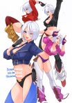  absurdres angel_(kof) backless_pants boots bra cowboy_boots cropped_jacket fingerless_gloves gloves hair_over_one_eye highres horns_pose index_fingers_raised jacket leather leather_jacket midriff namisonpictures pants snk strapless strapless_bra the_king_of_fighters underwear white_hair 