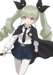 1girl absurdres anchovy_(girls_und_panzer) anzio_school_uniform belt black_belt black_cape black_necktie black_ribbon blue_skirt cape closed_mouth commentary cowboy_shot dress_shirt drill_hair girls_und_panzer green_hair hair_ribbon highres holding_riding_crop long_hair long_sleeves looking_at_viewer miniskirt necktie pantyhose pleated_skirt qgkmn541 red_eyes ribbon riding_crop school_uniform shirt simple_background skirt smile solo standing twin_drills twintails white_background white_pantyhose white_shirt wing_collar 