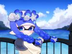  1girl blue_eyes blue_hair blue_sky braid closed_mouth clouds commentary_request fence head_wreath highres horizon inkling inkling_girl inkling_player_character long_hair looking_at_viewer looking_back outdoors pointy_ears sky smile solo splatoon_(series) splatoon_3 tentacle_hair tonbofree twin_braids upper_body water 