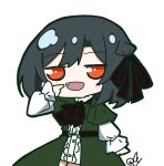  1girl absurdres ascot black_ascot black_hair black_ribbon center_frills check_commentary chibi chibi_only commentary_request dress fang frilled_sleeves frills green_jacket hair_ribbon half-closed_eyes highres jacket koufukuron_(love_live!) layered_sleeves long_sleeves looking_at_viewer love_live! love_live!_nijigasaki_high_school_idol_club mifune_shioriko oofushi_ao open_mouth pointing_at_mouth red_eyes ribbon short_hair short_over_long_sleeves short_sleeves signature solo upper_body white_background white_dress 