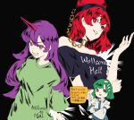  3girls aojirozame1228 bare_shoulders black_background black_shirt clothes_writing collar green_eyes green_hair green_shirt hecatia_lapislazuli highres horns kochiya_sanae looking_at_viewer multiple_girls nontraditional_miko purple_hair red_eyes redhead sharp_teeth shirt smile teeth tenkajin_chiyari touhou upper_body violet_eyes 