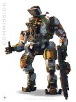  1other ambiguous_gender backpack bag carl_tabora commission copyright_name english_commentary flag gun hatchling_(outer_wilds) helmet highres holding holding_gun holding_weapon joints mecha mecha_focus open_cockpit outer_wilds robot robot_joints science_fiction shadow simple_background spacesuit thumbs_up titan_(titanfall) titanfall_(series) titanfall_2 vanguard_(titanfall_2) watermark weapon white_background 