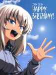  1girl absurdres birthday blue_eyes blue_sky clouds cloudy_sky commentary dated day dress_shirt english_text girls_und_panzer grey_hair grey_shirt happy_birthday highres insignia itsumi_erika kamishima_kanon kuromorimine_school_uniform long_sleeves looking_at_viewer medium_hair open_mouth outdoors school_uniform shirt sky smile solo waving wing_collar 