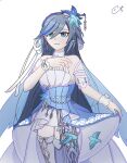  1girl angdyuangdyu bare_shoulders bird_hair_ornament blue_eyes blue_hair bow closed_mouth dress earrings fu_hua fu_hua_(azure_empyrea) fu_hua_(cerulean_court) grey_hair hair_between_eyes hair_bow hair_ornament halter_dress halterneck honkai_(series) honkai_impact_3rd jewelry light_smile long_hair looking_at_viewer multicolored_clothes multicolored_dress official_alternate_costume simple_background single_earring sleeveless sleeveless_dress solo thigh-highs thigh_bow wedding_dress white_background white_bow white_dress white_thighhighs 