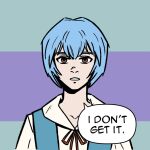  1girl ayanami_rei blue_eyes brown_eyes commentary english_text expressionless lcr_comics multicolored_background neon_genesis_evangelion school_uniform short_hair simple_background solo tokyo-3_middle_school_uniform upper_body 