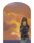  1girl absurdres arm_guards armor brown_gloves brown_hair closed_eyes closed_mouth clouds cloudy_sky fingerless_gloves gloves grey_pants grey_shirt highres long_hair orange_sky outdoors pants pauldrons remosea rosa_(tears_of_themis) shirt shoulder_armor sky solo sunset tears_of_themis 