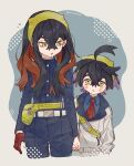  1boy 1girl bag black_hair blue_jacket blue_shirt blush brother_and_sister carmine_(pokemon) collared_shirt crossed_bangs gloves hair_between_eyes highres ishidzuki655 jacket kieran_(pokemon) long_hair long_sleeves mole mole_on_neck mole_under_eye multicolored_hair necktie pants parted_lips partially_fingerless_gloves pokemon pokemon_sv purple_hair red_gloves red_necktie redhead shirt siblings simple_background single_glove twitter_username white_jacket yellow_bag yellow_eyes 