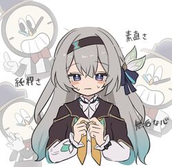  1girl 1other absurdres black_hairband black_jacket blue_hair blue_pupils blue_ribbon blush_stickers bow clockie_(honkai:_star_rail) closed_mouth collared_shirt cropped_jacket cropped_torso firefly_(honkai:_star_rail) gradient_hair grey_hair hair_bow hair_intakes hair_ribbon hairband highres honkai:_star_rail honkai_(series) index_fingers_together jacket long_hair long_sleeves looking_at_viewer multicolored_hair multiple_views neckerchief object_head orange_neckerchief own_hands_together projected_inset ribbon shirt simple_background straight-on translation_request violet_eyes wavy_mouth white_background white_bow white_shirt yanfeikawaii 