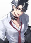  1boy abs black_hair black_jacket blue_eyes genshin_impact grey_hair hair_between_eyes highres jacket long_sleeves male_focus multicolored_hair necktie open_mouth red_necktie scar shirt short_hair solcha solo streaked_hair tongue tongue_out white_shirt wriothesley_(genshin_impact) 