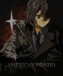  1boy akechi_gorou american_psycho black_gloves brown_coat brown_hair closed_mouth coat collared_shirt copyright_name glint gloves hair_over_one_eye highres holding holding_knife holding_weapon knife long_sleeves male_focus movie_poster necktie parody persona persona_5 red_eyes reflection shirt short_hair simple_background smirk solo striped_necktie tami_tome_mo upper_body weapon white_necktie white_shirt wing_collar 