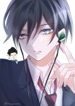  1boy absurdres black_hair blue_eyes earphones highres looking_at_viewer mugihaao necktie open_mouth red_necktie school_uniform shirt short_hair upper_body white_background white_shirt yamada-kun_to_lv999_no_koi_wo_suru yamada_akito 