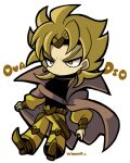  1boy black_shirt blonde_hair brown_cape cape character_name chibi chibi_only closed_mouth dio_brando earrings full_body headband jacket jewelry jojo_no_kimyou_na_bouken kotorai long_sleeves male_focus no_nose pants shirt signature solo v-shaped_eyebrows white_background yellow_eyes yellow_jacket yellow_pants 