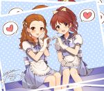  2girls :d apron back_bow bangs_pinned_back blue_dress blush bow braid braided_bangs brown_hair candy_earrings commission dress earrings food-themed_earrings forehead gloves hand_on_own_cheek hand_on_own_face heart heart_hands heart_hands_duo highres idolmaster idolmaster_cinderella_girls jewelry looking_at_viewer mmmakaron888 multiple_girls open_mouth parted_hair photo_(object) pinafore_dress pinstripe_dress pinstripe_pattern ponytail puffy_short_sleeves puffy_sleeves seki_hiromi shiina_noriko shirt short_dress short_sleeves signature sitting skeb_commission sleeveless sleeveless_dress smile spoken_heart striped_clothes striped_dress vertical-striped_clothes vertical-striped_dress waist_apron white_apron white_gloves white_shirt 