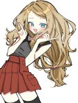  1girl :d black_thighhighs blonde_hair blue_eyes contrapposto cowboy_shot dot_nose grey_shirt hands_up high-waist_skirt highres index_finger_raised ino_climate leaning_to_the_side legs_apart long_hair looking_at_viewer open_mouth pleated_skirt pokemon pokemon_xy red_skirt serena_(pokemon) shirt shirt_tucked_in sidelocks skirt sleeveless sleeveless_shirt smile solo thigh-highs wavy_hair zettai_ryouiki 