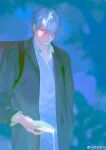 1boy alcohol backpack bag black_jacket blue_background blue_eyes brown_bag closed_mouth coattails collared_jacket cup expressionless ginko hair_over_one_eye highres holding holding_cup jacket looking_at_object male_focus ming07312438 mushishi open_clothes open_jacket pouring sakazuki sake shirt short_hair simple_background solo upper_body watermark weibo_logo weibo_username white_hair white_shirt