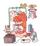 1girl bird bottle cable chick chopsticks commentary cup dated_commentary dolman_(dm) eating electric_fan food-themed_hair_ornament full_body hair_ornament hair_spread_out hairpin high_ponytail holding holding_chopsticks holding_cup long_hair miniskirt nissin_cup_noodle orange_eyes orange_hair original pink_skirt radio_antenna shirt short_sleeves simple_background skirt solo sparkle striped_clothes striped_skirt t-shirt television unworn_shirt unworn_skirt unworn_socks vertical-striped_clothes vertical-striped_skirt very_long_hair watching_television white_background white_shirt white_sleeves white_t-shirt yellow_eyes
