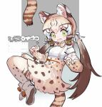  1girl :3 animal_ears animal_print blonde_hair blush boots bow bowtie brown_hair cat_ears cat_girl cat_print cat_tail fang full_body geoffroy&#039;s_cat_(kemono_friends) green_eyes hair_between_eyes hair_bow high-waist_skirt highres inu_(user_arjr4358) kemono_friends kemono_friends_3 long_hair long_sleeves multicolored_hair open_mouth print_bow print_bowtie print_skirt print_sleeves print_thighhighs shirt sidelocks skirt sleeves_past_wrists solo suspender_skirt suspenders tail thigh-highs twintails white_footwear white_hair white_shirt zettai_ryouiki 