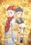  2girls autumn_leaves back-to-back beanie black_clover black_headwear black_scarf blush breasts brown_coat coat earrings english_text grey_coat grey_hair hat highres holding_hands jewelry large_breasts leaf long_hair maple_leaf mimosa_vermillion multiple_girls noelle_silva official_alternate_costume official_art open_clothes open_coat orange_hair pom_pom_(clothes) pom_pom_beanie red_beanie red_headwear red_scarf scarf shirt smile tabata_yuuki violet_eyes white_shirt 