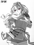  1girl absurdres blush bow character_name girls_frontline gloves hair_between_eyes hair_bow hairband hand_on_own_hip hand_up highres long_hair looking_at_viewer minami_shin_(zenshuu_bougyo) monochrome pointing red_eyes shorts simple_background smile solo spot_color straight-on sv-98_(girls&#039;_frontline) 