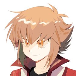  1boy black_shirt brown_eyes brown_hair closed_mouth highres jacket kd_(jichaman1) looking_ahead male_focus portrait red_jacket shirt short_hair simple_background smile solo white_background yu-gi-oh! yu-gi-oh!_gx yuuki_juudai 