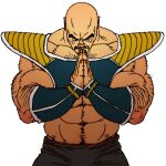  1boy abs arm_hair bald black_pants closed_eyes closed_mouth commentary dragon_ball dragon_ball_z facial_hair jiraiya_(mangaka) male_focus midriff muscular muscular_male mustache nappa pants praying shoulder_pads simple_background solo solo_focus tears white_background 