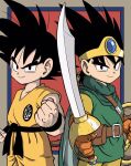  2boys black_eyes black_hair brown_gloves creator_connection crossover dougi dragon_ball dragon_ball_(classic) dragon_quest dragon_quest_iii flat_color gloves green_shirt hero_(dq3) highres holding holding_shield holding_sword holding_weapon lee_(dragon_garou) medium_hair multiple_boys orange_pants orange_shirt pants red_background roto_(dq3) scabbard sheath shield shirt simple_background smirk son_goku spiky_hair sword tail toriyama_akira_(style) weapon 