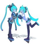  2girls absurdres ahoge alternate_costume android aqua_eyes aqua_hair aqua_necktie bare_shoulders black_sleeves black_thighhighs bright_pupils cable_hair cheri_zao commentary detached_sleeves dual_persona expressionless fang full_body glowing glowing_eyes hatsune_miku highres joints long_hair looking_at_viewer mechanical_parts miku_day miniskirt multiple_girls necktie number_tattoo open_mouth robot_girl robot_joints see-through see-through_skirt see-through_sleeves shirt simple_background skin_fang skirt sleeveless sleeveless_shirt smile standing tattoo thigh-highs very_long_hair vocaloid white_background white_pupils 